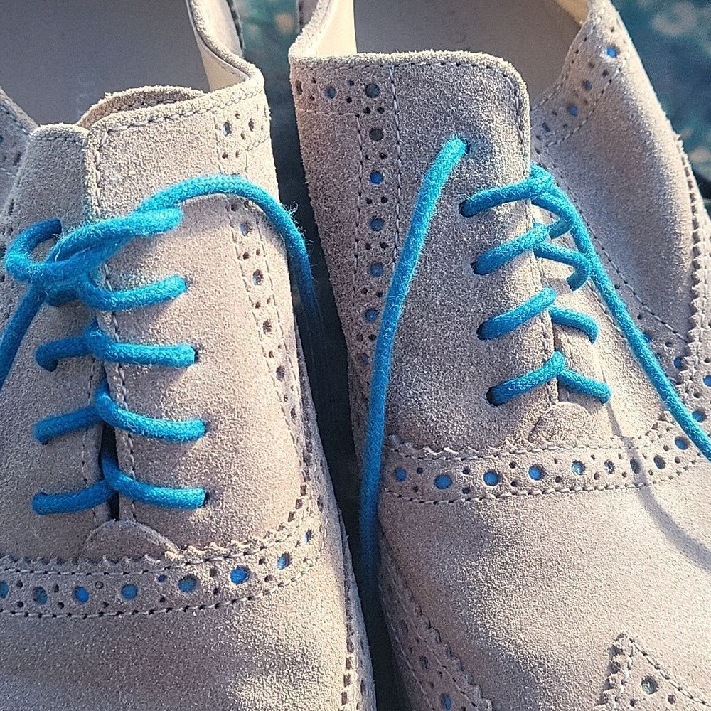 Cole Haan Beige Suede Brogue Flats with Bright Blue Laces - Picture 3 of 5